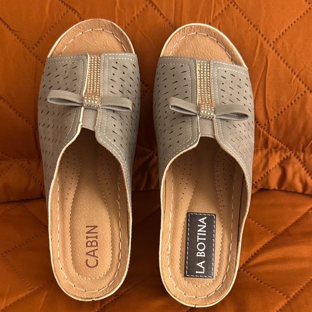 Taupe Perforated Bow-Accent Slip-On Mules